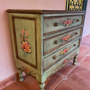 Commode vert à fleurs en bois à 3 tiroirs, H80 X L90 x P43