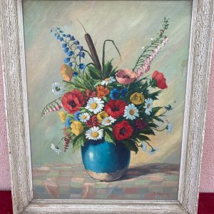 Huile sur isorel, bouquet de fleurs dans vase bleu, signé P Volmer