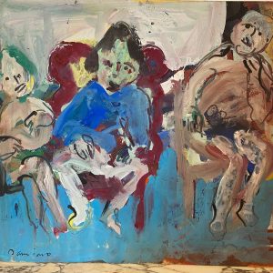 Peinture 3 personnages assise, signé Damiano
